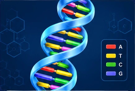Modelo 3D de uma dupla hélice de DNA: duas fitas enroladas uma na outra, ligadas por degraus que são os pares de bases.