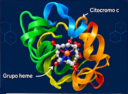 Modelo 3D da estrutura 1HRC (Citocromo c e evolução), que pode ser girado na tela.