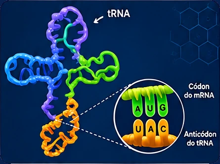 Modelo 3D da estrutura 1EHZ (tRNA e anticódon), que pode ser girado na tela.