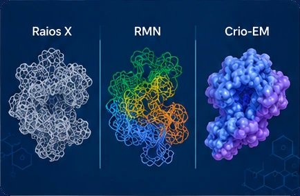 Modelo 3D da estrutura 1L2Y (Raios X, RMN e crio-EM), que pode ser girado na tela.